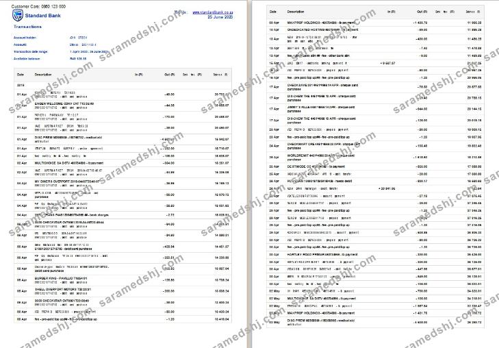 South Africa Standard Bank statement Word and PDF